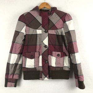 Fox Women's Size Medium Maroon Brown White Plaid Long Sleeve Hooded Jacket